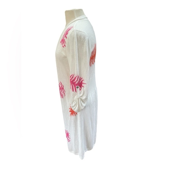Nic + Zoe Cardigan Long Line Open Front White Pink Orange Leaf Print XS Oversize - Picture 4 of 7